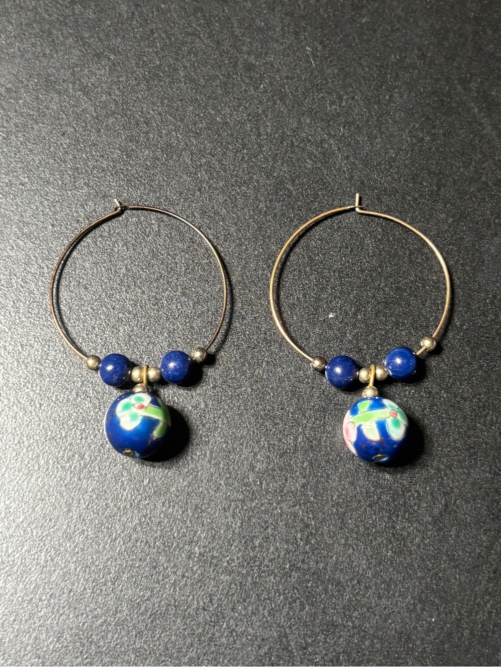 Vintage Lapis Lazuli & Blue Cloisonné Enamel Floral Hoop Earrings